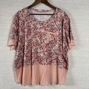 Moa Moa Floral Tunic Top Womens 3X Pink Boho Pocket Short Sleeve Soft Stretch